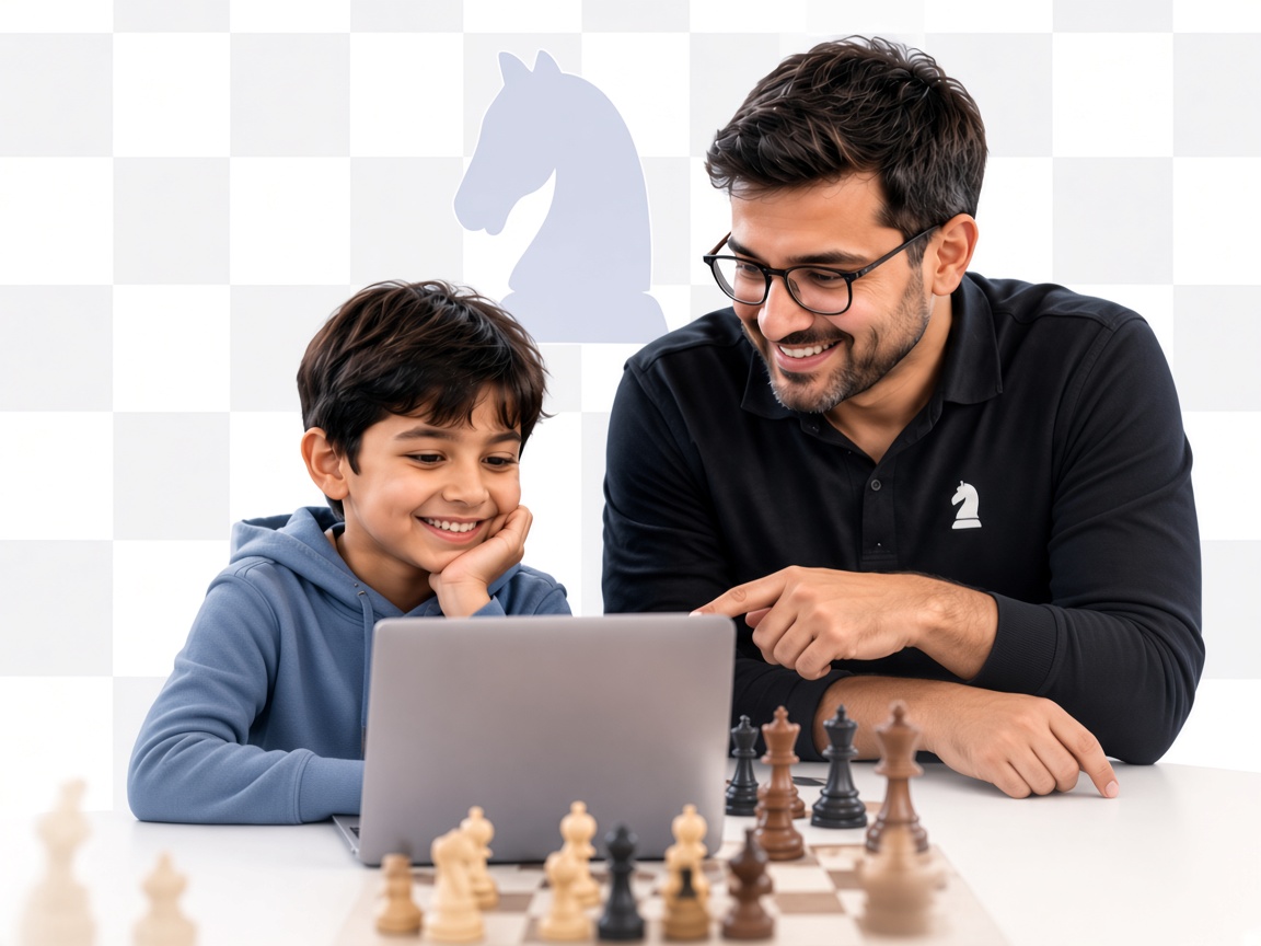 A coach and a young learner studying chess together on a laptop with a chessboard nearby